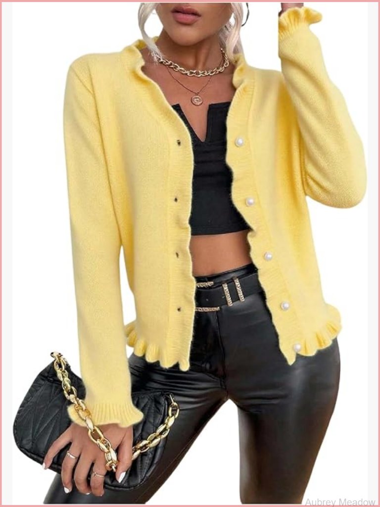 V-Neck Button Down Knit Cardigan Sweater With Ruffle Trim